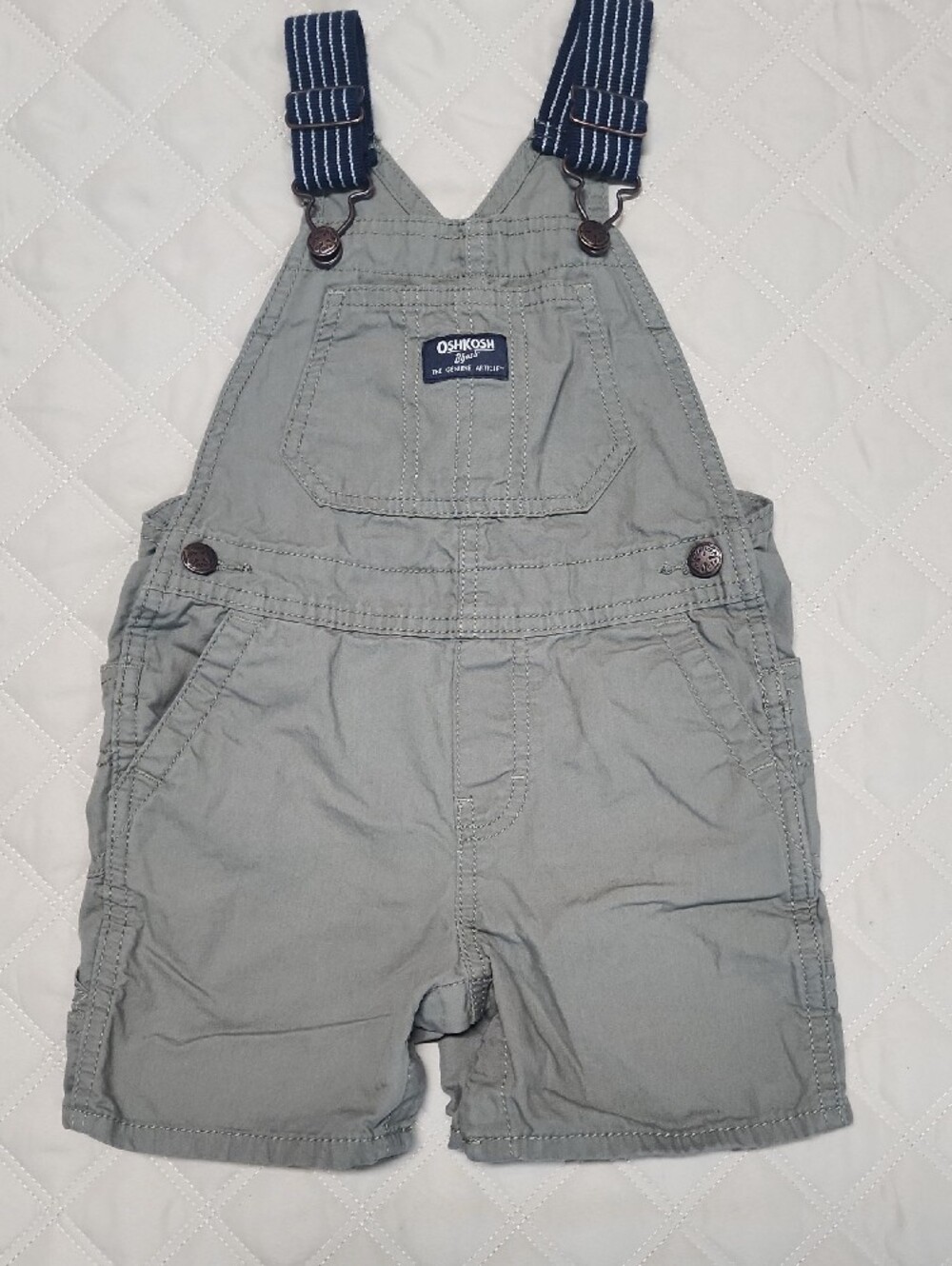 OshKosh B'gosh Olive Green Short Overalls with Navy Striped Straps 24 Months